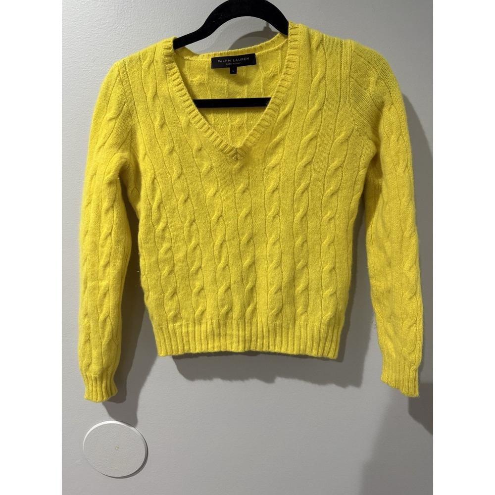 $398 Ralph Lauren Black Label Women's Cable-Knit Cashmere Sweater Sz L Yellow X
